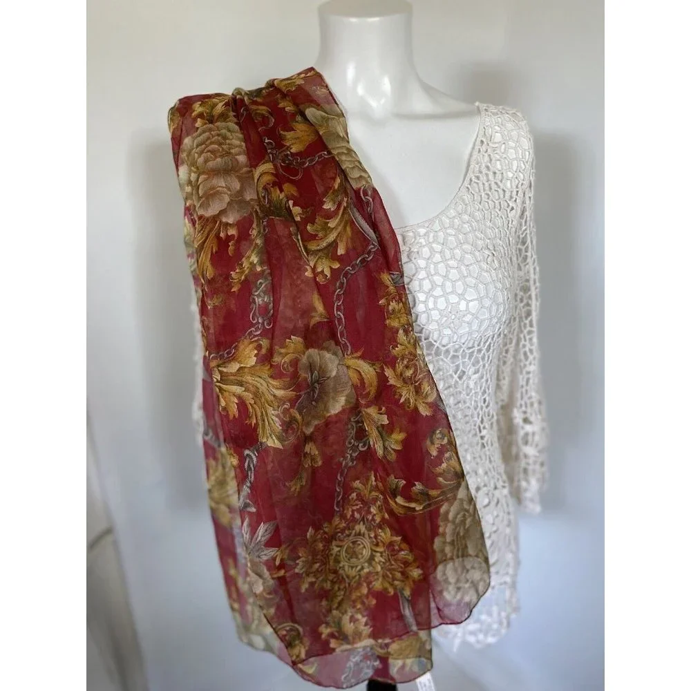 Ray Strauss Scarf Sheer Burgundy Beige‎ Yellow Flowers Rectangle 60